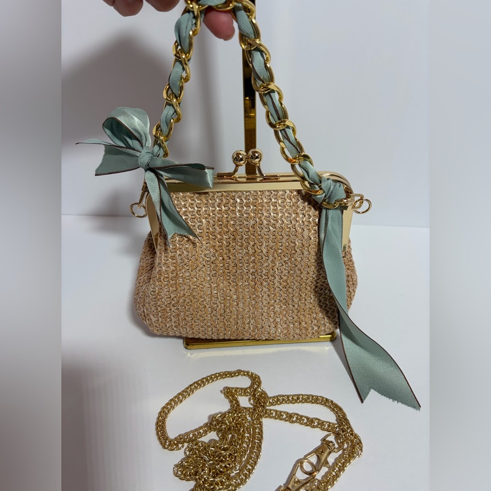 SOLD

NEW Tan Woven Bag with Gold AND RIBBON Chain
